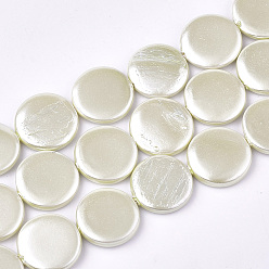 Beige Spray Paint Freshwater Shell Beads Strands, Pearlized Style, Flat Round, Beige, 16x3~4mm, Hole: 1mm, 25pcs/strand, 15.7 inch