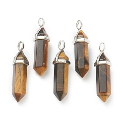 Tiger Eye Natural Tiger Eye Pendants, with Platinum Tone Brass Findings, Bullet, 39.5x12x11.5mm, Hole: 4.5x2.8mm