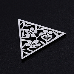 Stainless Steel Color 201 Stainless Steel Filigree Joiners Links, Laser Cut, Triangle with Flower, Stainless Steel Color, 17x20x1mm
