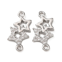 Платина Шармы-соединители из латуни с микропаве из прозрачного кубического циркония, двойные звездные ссылки, платина, 15.5x7.5x2 мм, отверстие : 1.2 мм