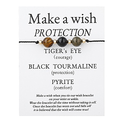 Круглые Браслеты из плетеных бусин из натурального тигрового глаза, турмалина и пирита, регулируемый браслет, круглые, 6-1/4~10-1/4 дюйм (16~26 см)