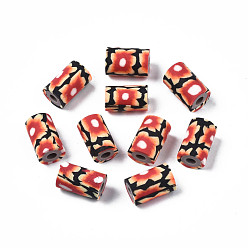 Saddle Brown Handmade Polymer Clay Beads, Column with Jewelry Crafts Pattern, Saddle Brown, 11x6~7.5mm, Hole: 2~3mm