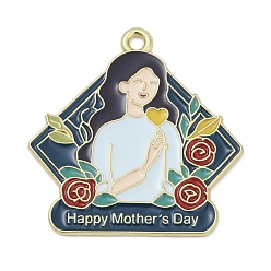Морской Синий Подвески из сплава с эмалью ко Дню матери, женщина с гвоздикой и словом мон, Marine Blue, 28.5x28x1 мм, отверстие : 1.8 мм