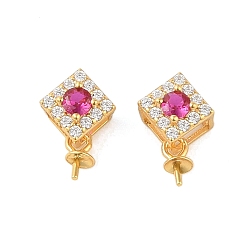 Ярко-Розовый 925 подвески в виде колышков из стерлингового серебра с микропаве и кубическим цирконием, ромб, ярко-розовый, 12x7.5x5.5 мм, отверстие : 3x4 мм, штифты : 0.7 мм