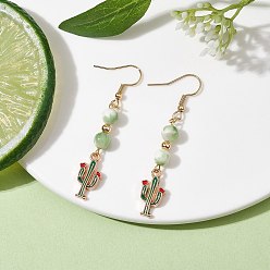 Cactus Real 18K Gold Plated Alloy Enamel Dangle Earrings, with Natural Dyed White Jade Round Beaded, cactus, 57x10mm