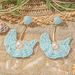 Светло-Голубой Серьги-гвоздики из сплава рафии с подвесками, с пластиковой имитационной жемчужиной, золотые, Небесно-голубой, 75x50 мм