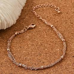 Розовое Золото Стойка покрытие латунный кабель цепь браслеты, двухрядные браслеты для женщин, без кадмия и без свинца, 901 застежка из нержавеющей стали, долговечный, розовое золото , 6-3/4 дюйм (17 см)