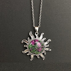 Рубин В Цоизита Подвеска в виде солнца из натурального рубина в цоизите, цепочка из сплава, винтажное ожерелье, платина, 19.69 дюйм (50 см)