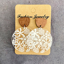 Снежинка Серьги-гвоздики из прозрачного акрила и дерева, плоско-круглые, платина, снежинка, 50 мм