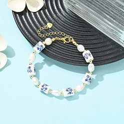 Золотой Браслеты для женщин из натурального культивированного пресноводного жемчуга и фарфоровых бусин ручной работы., колонке с цветком, С немагнитным синтетическим гематитом, золотые, 9.84 дюйм (25 см)