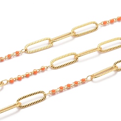 Orange Golden Plated Handmade Enamel Beaded Chains, Brass Paperclip Chains, Long-Lasting Plated, Soldered, with Spool, Orange, Link: 15x5x0.7mm and 5x1.7x2mm, about 32.8 Feet(10m)/roll