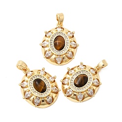 Настоящее золото 18K Природных тигровый глаз подвески, подвески-цветы с латунными подвесками-паве из прозрачных кубических цирконий, реальный 18 k позолоченный, 21.5x18x6.5 мм, отверстие : 5x3 мм