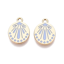Светло-Голубой Стойки обшивки сплава эмали подвески, плоские круглые с подвесками в форме ракушек, золотые, Небесно-голубой, 16x12x1.5 мм, отверстие : 1.6 мм
