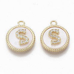 Letter S Brass Micro Pave Cubic Zirconia Pendants, with Shell, Flat Round with Letter, Nickel Free, Clear, Creamy White, Real 18K Gold Plated, Letter.S, 17x14x4mm, Hole: 1.8mm