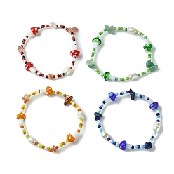 Mixed Color 4Pcs 4 Style Natural Gemstone Chips & Lampwork Mushroom Beaded Stretch Bracelets, Stackable Bracelets, Mixed Color, Inner Diameter: 2-3/8~2-1/2 inch(6~6.5cm), 1Pc/style
