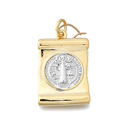 Rectangle Латунные подвески с медалью святого Бенедикта, с прыжковых колец, без кадмия и без свинца, настоящее 16 к позолота и платина, свиток с Иисусом, 21x14x3 мм