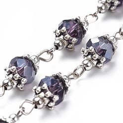 Фиолетовый Ручной цепи стекло бисером, с бусинами из сплава, железные бусины и железные проушины, несварные, фиолетовые, 39.37 дюйм (1 м), ссылка: 7.5x20.5 mm, 1 м / прядь