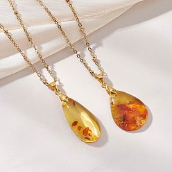 Золотой Подвеска в форме капли из натурального янтаря 304 цепочка-спутник из нержавеющей стали, золотые, 17.52~17.95 дюйм (44.5~45.6 см)