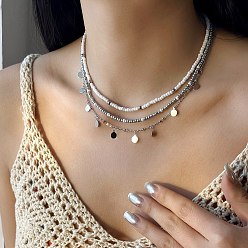 Платина Летние пляжные ожерелья из сплава монета кисточка стеклянные бусины 3 слои для женщин, платина, 14.17 дюйм(36см)+80мм