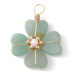 Зеленый Авантюрин Подвески из натурального зеленого авантюрина с клевером, подвески в виде клевера с медной проволокой, золотые, 28.5x21.5x10 мм, отверстие : 4 мм