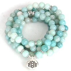 Flower Amazonite 108 Браслеты-мала из натуральных цветочных бусин амазонита с подвесками в виде цветка лотоса из сплава для медитации, йоги и духовных практик., платина, 37.40 дюйм (95 см) ~ 39.37 дюйм (100 см)