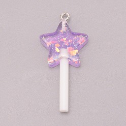 Violet Resin Pendants, with Platinum Tone Iron Loop and Paillette/Sequins, Plastic Handle, Star Lollipop, Violet, 42x20x7mm, Hole: 2mm