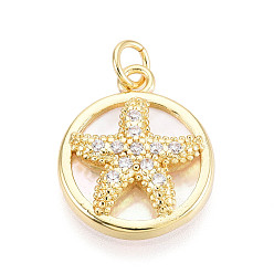 Настоящее золото 18K Латунные микропаве прозрачные подвески с фианитом, без кадмия и без свинца, с оболочкой, плоские круглые с морскими звездами, с целью перехода в кольце, реальный 18 k позолоченный, 18x15x4 мм, отверстие : 3.5 мм