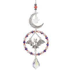 Antique Silver Halloween Ghost Bat Moon Alloy Hanging Ornaments, Ring Glass Beaded & Leaf Tassel for Home Garden Decorations, Antique Silver, 300mm