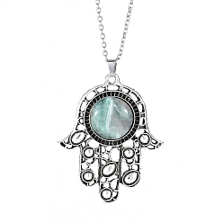 Green Aventurine Natural Green Aventurine Pendant Necklaces, Stainless Ssteel Cable Chains, Hamsa Hand, 19.69 inch(50cm)