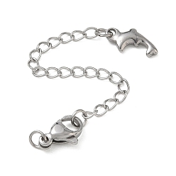 Stainless Steel Color 304 Stainless Steel Curb Chain Extender, End Chains with Lobster Claw Clasps & Dolphin Charms, Stainless Steel Color, 75mm