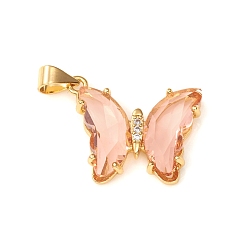 PeachPuff Glass Pendants, with Brass Clear Micro Pave Cubic Zirconia, Butterfly, Golden, PeachPuff, 24x21x4mm, Hole: 5.5x3.5mm