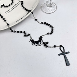 Черный Кулон из сплава и железа в форме креста-сердца с крыльями летучей мыши, черные круглые акриловые четки, чёрные, 27.56 дюйм (70 см)