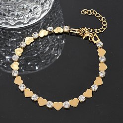 Золотой 304 браслеты-цепочки из нержавеющей стали со стразами для женщин, сердце, ионное покрытие (ip), золотые, 7-1/2 дюйм (19 см)