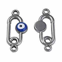 Dark Blue 304 Stainless Steel Enamel Connector Charms, Stainless Steel Color, Oval with Evil Eye, Dark Blue, 23x10x3mm, Hole: 1.6mm
