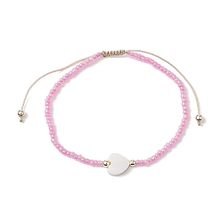 Pink 5Pcs 5 Colors Natural Shell Heart & Seed Braided Bead Bracelets Set, Adjustable Synthetic Hematite Stackable Bracelets, Pink, Inner Diameter: 2-1/4~3-3/8 inch(5.6~8.7cm), 1Pc/color