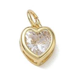 Clear Brass Pave Cubic Zirconia Charms, Heart Charms, Single Stone Charms, Long-Lasting Plated, Rack Plating, Lead Free & Cadmium Free, Real 18K Gold Plated, Clear, 12x10x5mm, Hole: 5mm