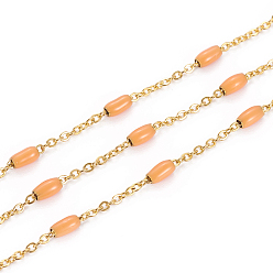 Оранжевый Ионное покрытие (ip) 304 кабельные цепи из нержавеющей стали, с эмалевыми овальными бусинами, пайки, с катушкой, Плоско-овальные, золотые, оранжевые, 5x2.5 мм, ссылка: 2x1.6x0.3 mm, около 32.8 футов (10 м) / рулон