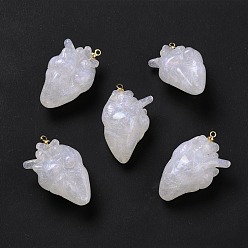White Resin Pendants, with Brass Finding, Heart, White, 33x21x15mm, Hole: 1.4mm