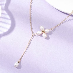 Oro Collares colgantes de perlas de agua dulce cultivadas naturales con flores, collares de cadena de cable de latón para mujer, dorado, 15.98 pulgada (40.6 cm)