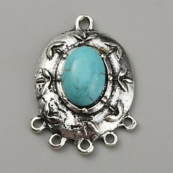 Синтетическая Бирюза Звенья компонентов люстры из синтетической бирюзы, со старинными серебряными тонами цинкового сплава, тибетский стиль , 32.5x23.5x7 мм, Отверстие : 1.6 мм & 2 мм