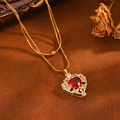 Golden Brass Pave Red Cubic Zirconia Heart Pendant Round Snake Chain Double Layer Necklaces for Women, Golden, 15.75 inch(40cm)