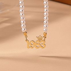 Number Женские ожерелья из круглого белого бисера с имитацией жемчуга и подвеской в виде короны в виде года рождения, золотые, число 1983, 14.96 дюйм (38 см)