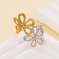 Flower 304 Stainless Steel Cuff Open Rings for Women, Golden & Stainless Steel Color, Flower, 26mm, Inner Diameter: 18mm