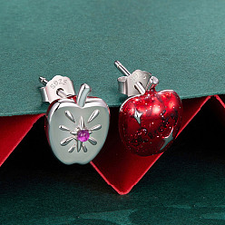 Темно-Красный Рождество 925 серьги-гвоздики из стерлингового серебра с кубическим цирконием, яблоко, слева и справа, темно-красный, 11x8 мм