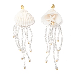 Серебро Большие подвески в виде медуз из натурального хаулита и синтетической бирюзы в виде морских звезд и стеклянных бусин, с ракушкой и золотыми латунными бусинами, серебряные, 82x26.5x12 мм, отверстие : 1 мм