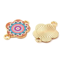Salmon Printed Alloy Enamel Connector Charms, Flower Links, Light Gold, Salmon, 14x18x1.5mm, Hole: 1.5mm