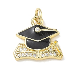 Black Brass Micro Pave Clear Cubic Zirconia with Enamel Pendants, Graduation Cap Charms, Golden, Black, 14.5x15.5x2.5mm, Hole: 3mm
