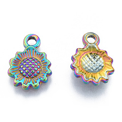 Rainbow Color Ionenbeschichtung (IP) 304 Edelstahlanhänger, Blume, Regenbogen-Farb, 17.5x12.5x2.5 mm, Bohrung: 2 mm
