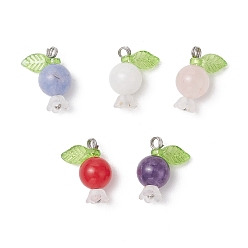 Платина 5 шт. 5 стили натуральный аметист и кварцевый кристалл и розовый кварц и белый нефрит и окрашенный малайзийский нефрит круглые подвески, фруктовые подвески с акриловыми листьями и латунными петлями, платина, 16.5x13x8.5 мм, отверстие : 2 мм, 1 шт / стиль