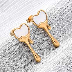 Золотой 304 серьги-гвоздики из натуральной белой ракушки из нержавеющей стали, сердце, золотые, 24x10 мм